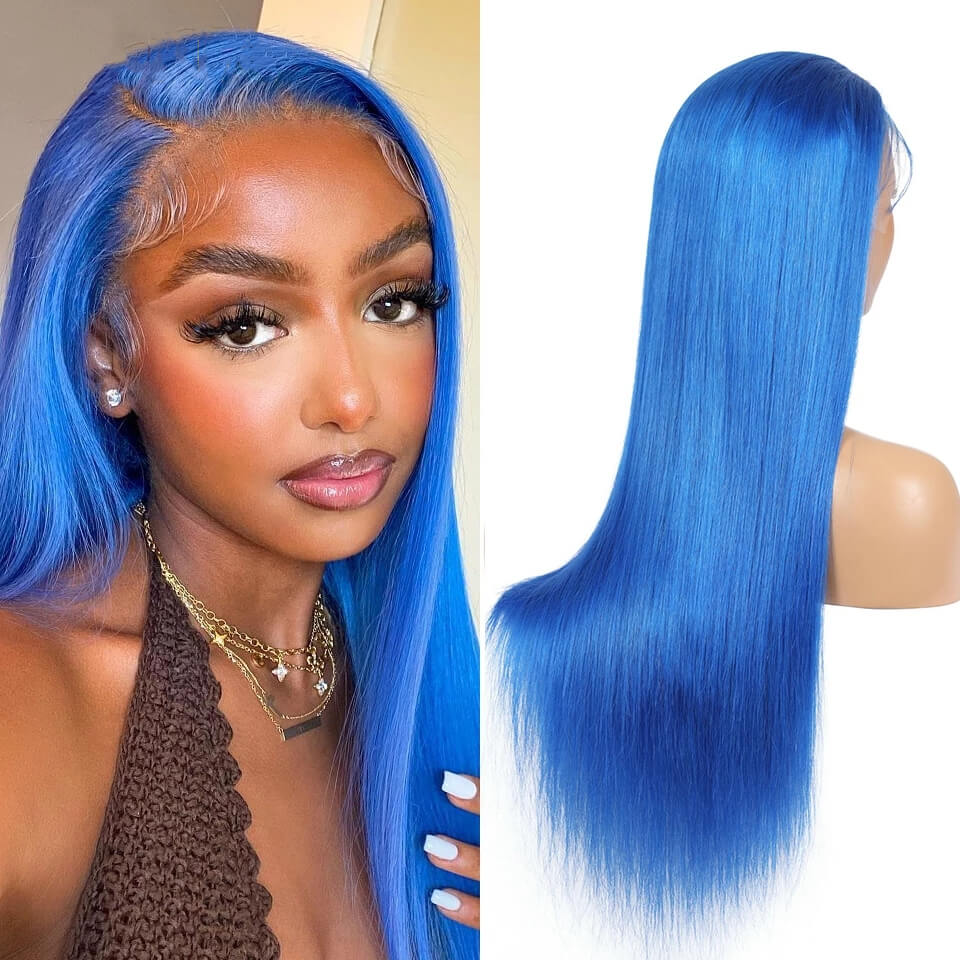 Dachic Hair 13x4 4x4 Colored Light Blue HD Lace Frontal Closure Wigs Straight Human Hair Wig