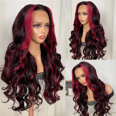 Dachic Hair Dark Burgundy With Rose Red Highlights 13x4 HD Lace Front Loose Wave Wig180%