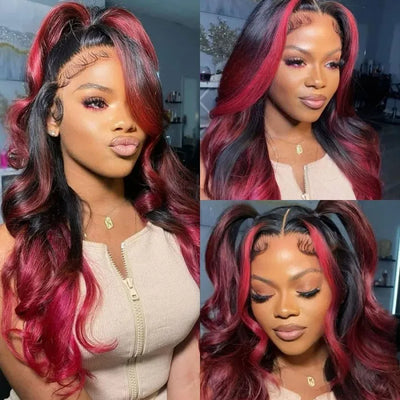 Dachic Hair Dark Burgundy With Rose Red Highlights 13x4 HD Lace Front Loose Wave Wig180%