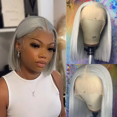 No.35 Dachic Hair Grey Bob Straight 13x4 4x4 Lace Frontal Closure Wigs Brazilian Human Hair 180% Density