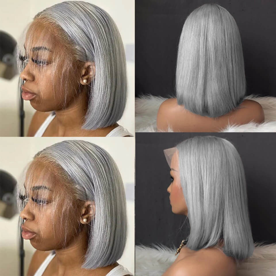 No.35 Dachic Hair Grey Bob Straight 13x4 4x4 Lace Frontal Closure Wigs Brazilian Human Hair 180% Density