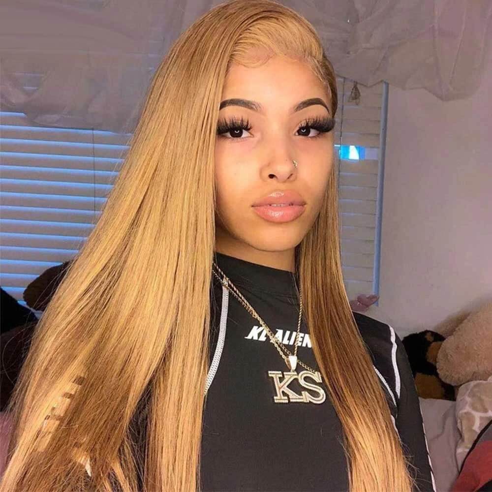 Dachic Hair 27# Honey Blonde 13x4 Lace Front Colored Human Hair Wigs Bone Straight Frontal Wigs