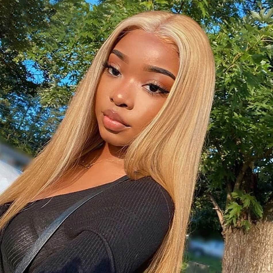 Dachic Hair 27# Honey Blonde 13x4 Lace Front Colored Human Hair Wigs Bone Straight Frontal Wigs