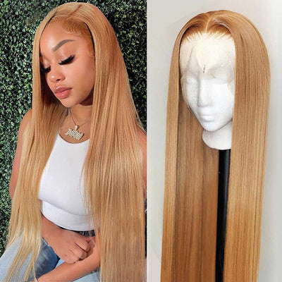 Dachic Hair 27# Honey Blonde 13x4 Lace Front Colored Human Hair Wigs Bone Straight Frontal Wigs