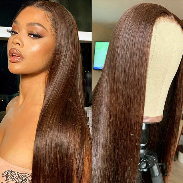 Dachic Hair #4 Dark Brown Color Bone Straight 13x4 Lace Frontal Wig Brazilian Virgin Human Hair