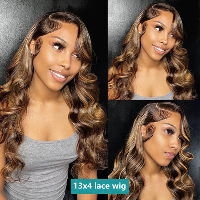 Dachic Hair Glueless 13x4 Lace Front Wigs 4/27 Highlight Body Wave Human Hair Frontal Wigs 180% and 200% Density