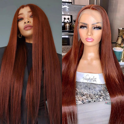 Dachic Hair 13x6 33# Auburn Colored 13x6 Lace Front Human Hair Wigs Bone Straight Frontal Wigs