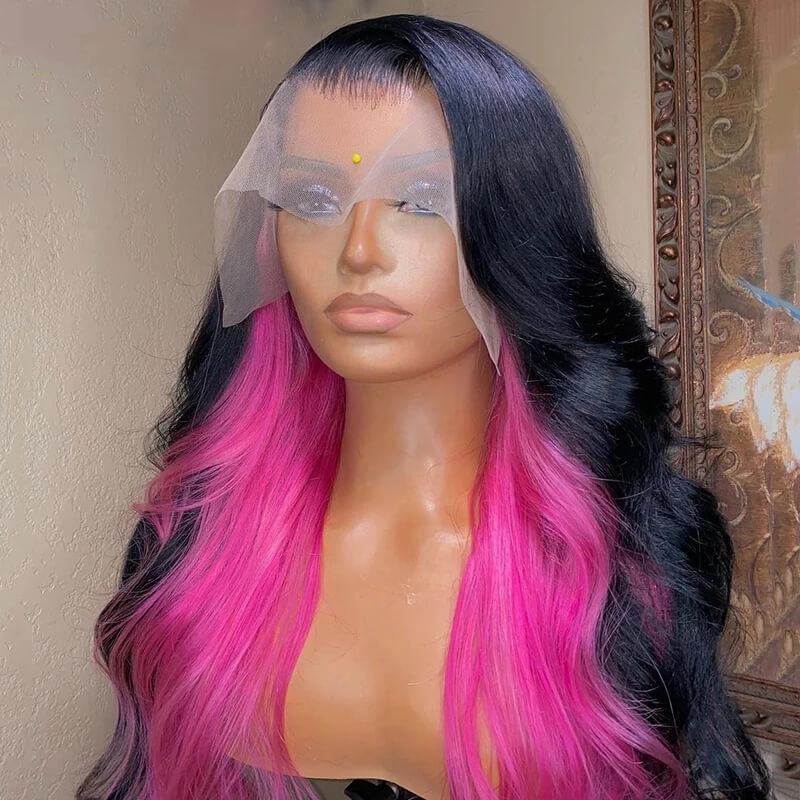 Dachic Hair Black With Pink 13x4 Body Wave Lace Front Wig Human Hair Wigs