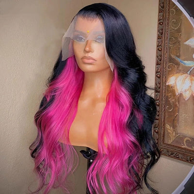 Dachic Hair Black With Pink 13x4 Body Wave Lace Front Wig Human Hair Wigs