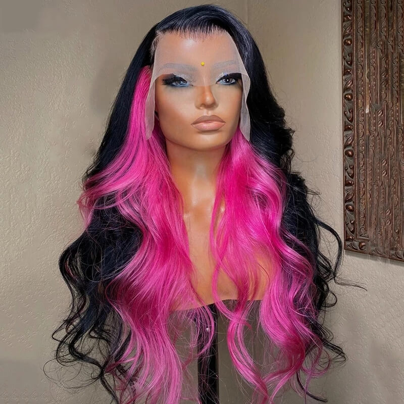 Dachic Hair Black With Pink 13x4 Body Wave Lace Front Wig Human Hair Wigs