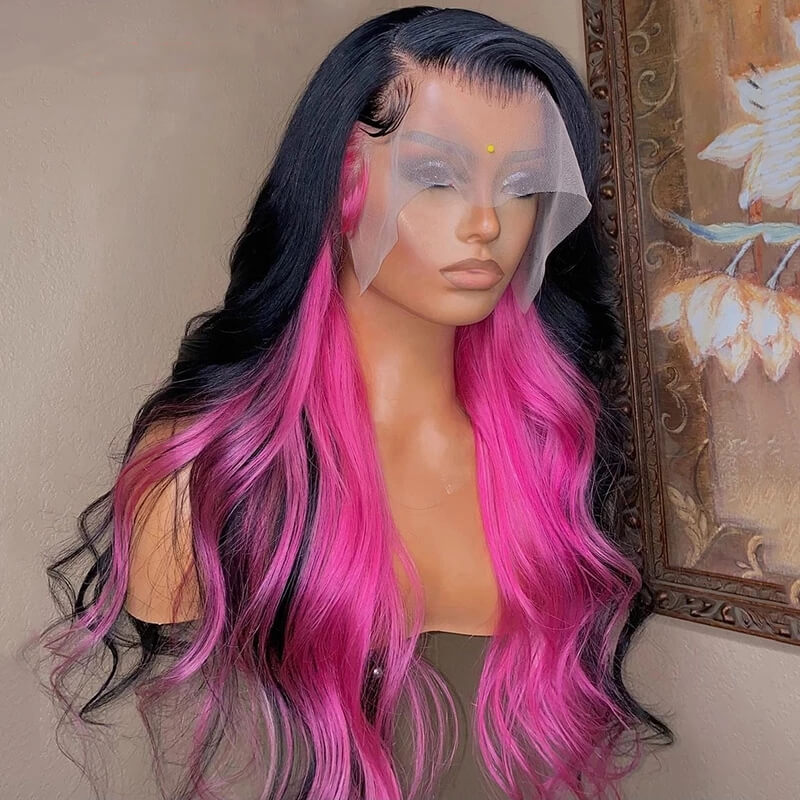 Dachic Hair Black With Pink 13x4 Body Wave Lace Front Wig Human Hair Wigs