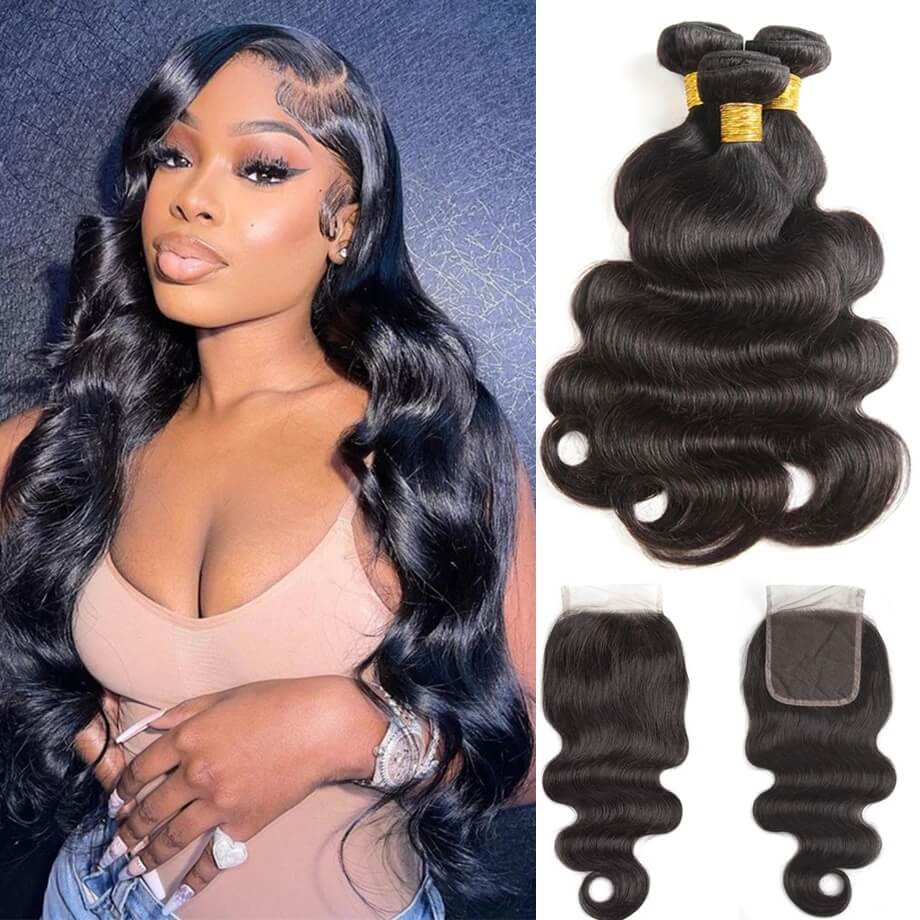 Dachic Hair 12A Body Wave Human Hair 3 Bundles With 4x4 Lace Closure 100% Remy Human Hair