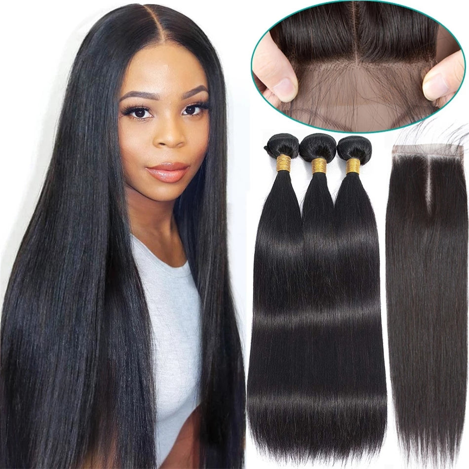 Dachic Hair 12A Straight Human Hair 3 Bundles With 5x5 Lace Closure 100% Remy Human Hair