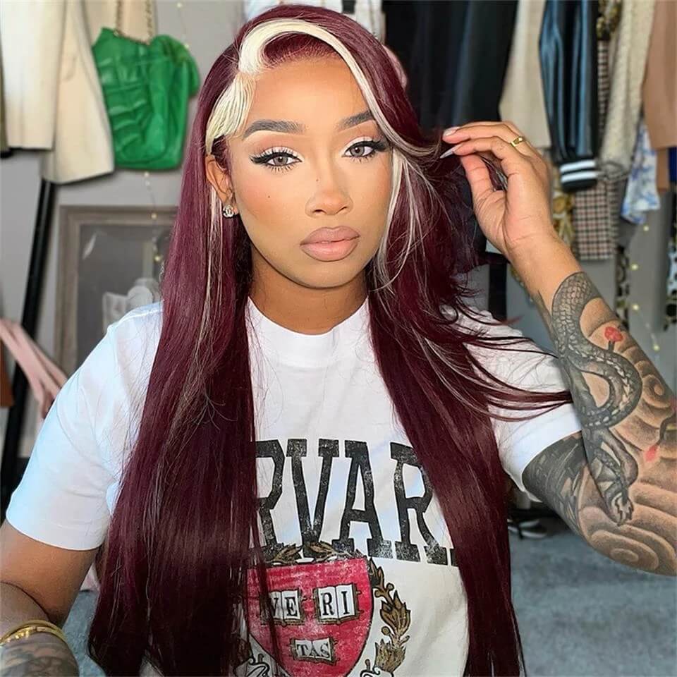 Dachic Hair 99j Red With 613 Blonde Stripe HD 13x4 Lace Front Wig Human Hair Highlight Wigs