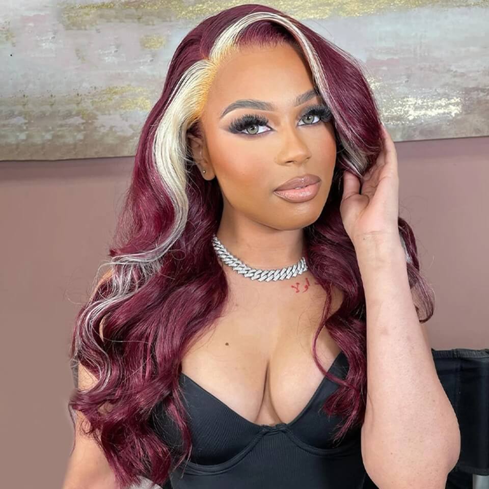 Dachic Hair 99j Red With 613 Blonde Stripe HD 13x4 Lace Front Wig Human Hair Highlight Wigs