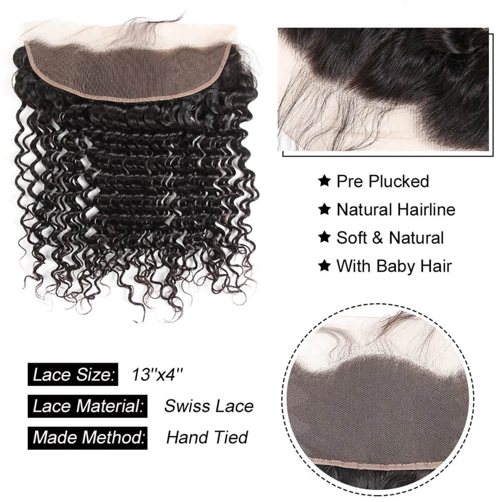 Dachic Hair 12A Deep Wave Human Hair 3 Bundles With 13x4 Lace Frontal 100% Remy Human Hair