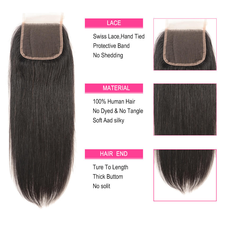 Dachic Hair 12A Straight Human Hair 3 Bundles With 4x4 Lace Closure 100% Remy Human Hair