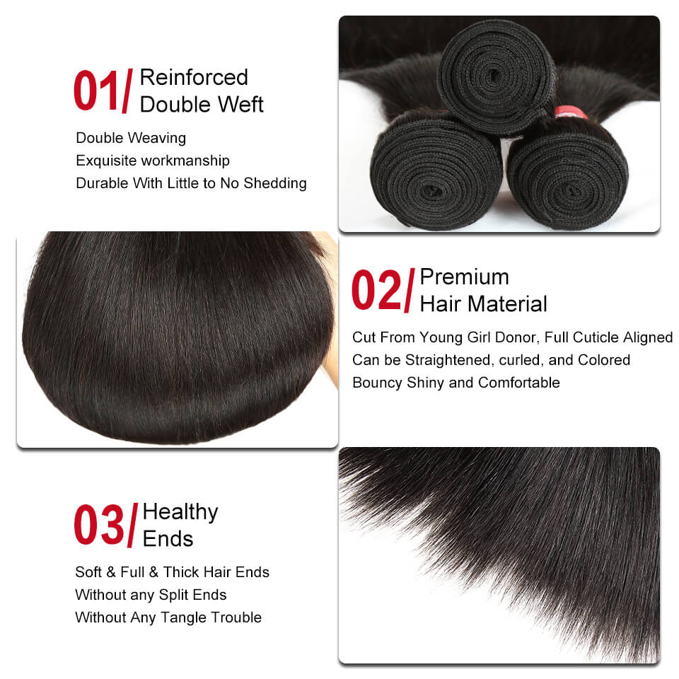 Dachic Hair 12A Straight Human Hair 3 Bundles With 4x4 Lace Closure 100% Remy Human Hair