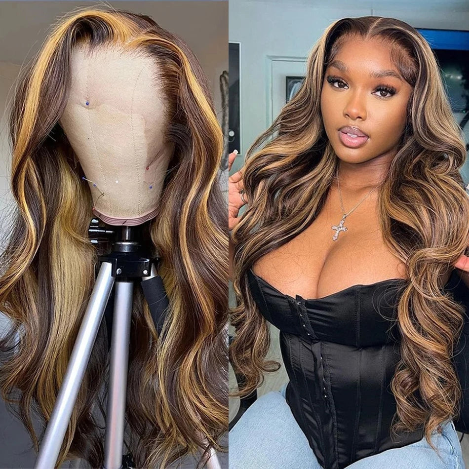 Dachic Hair Glueless 13x4 Lace Front Wigs 4/27 Highlight Body Wave Human Hair Frontal Wigs 180% and 200% Density