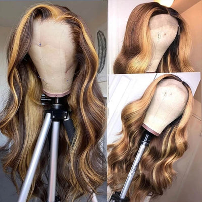 Dachic Hair Glueless 13x4 Lace Front Wigs 4/27 Highlight Body Wave Human Hair Frontal Wigs 180% and 200% Density