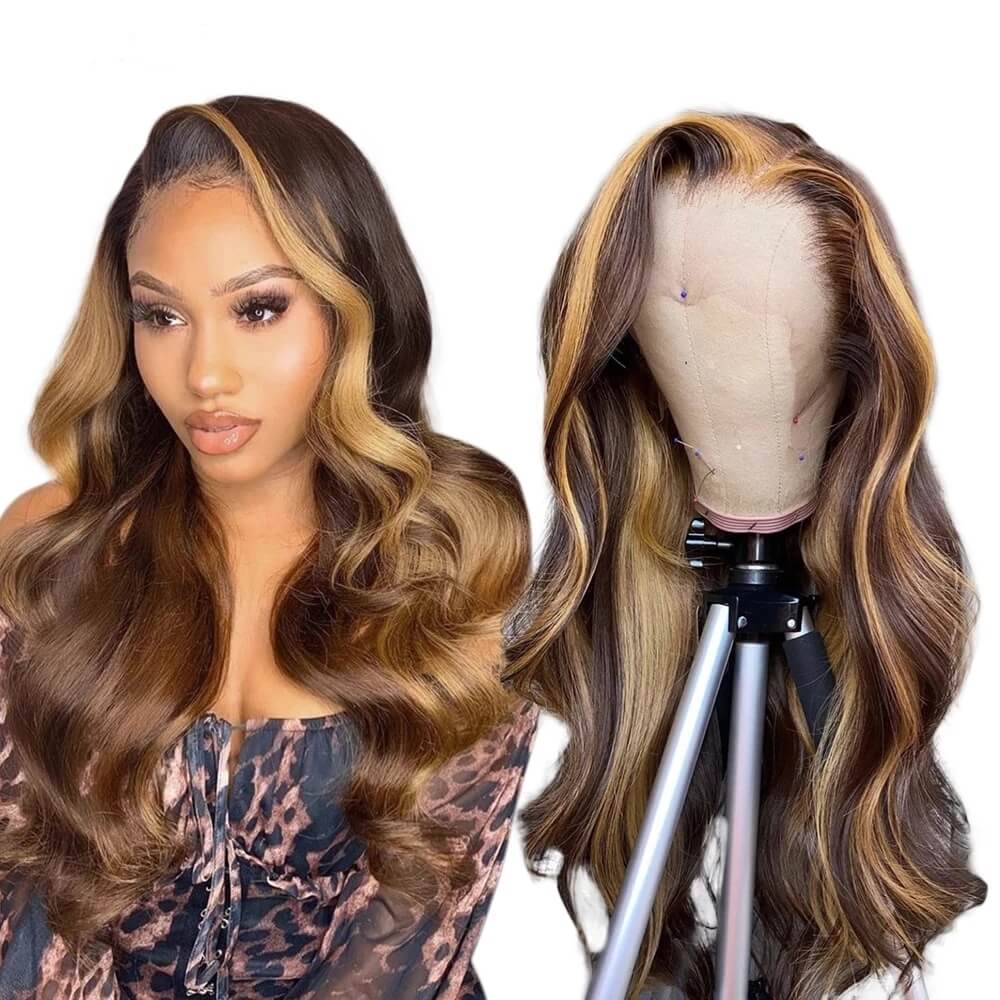 Dachic Hair Glueless 13x4 Lace Front Wigs 4/27 Highlight Body Wave Human Hair Frontal Wigs 180% and 200% Density