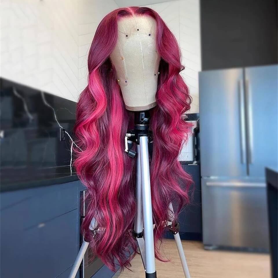 Dachic Hair Ombre Pink Highlight Color 13X4 Lace Front Wig 180% Density Human Hair