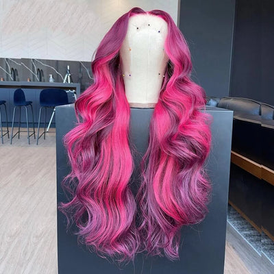 Dachic Hair Ombre Pink Highlight Color 13X4 Lace Front Wig 180% Density Human Hair