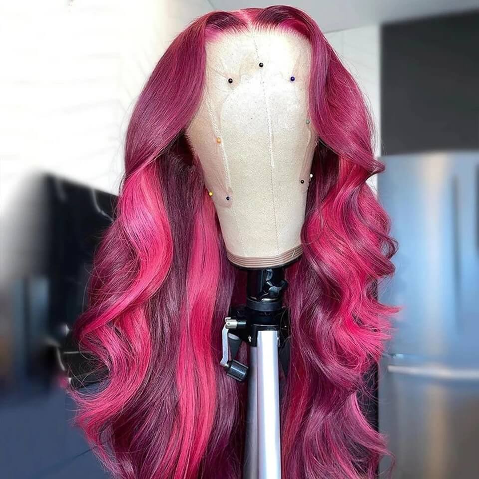 Dachic Hair Ombre Pink Highlight Color 13X4 Lace Front Wig 180% Density Human Hair