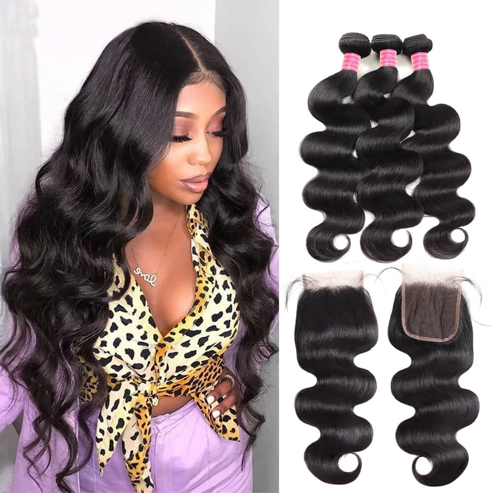 Dachic Hair 12A Body Wave Human Hair 3 Bundles With 4x4 Lace Closure 100% Remy Human Hair