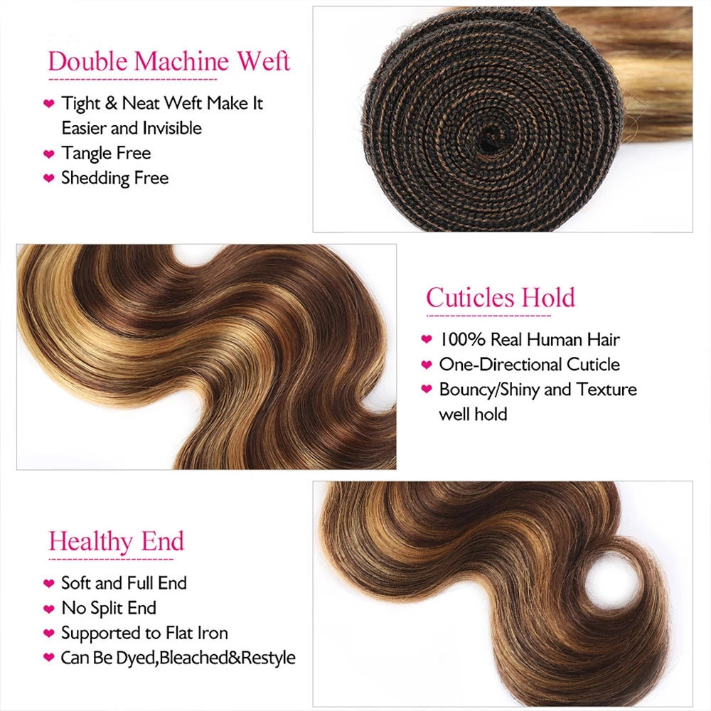 Dachic Hair Highlight Body Wave Bundles Remy Brazilian Human Hair Bundles P4/27 Highlight Hair Ombre Piano Color Hair Extensions