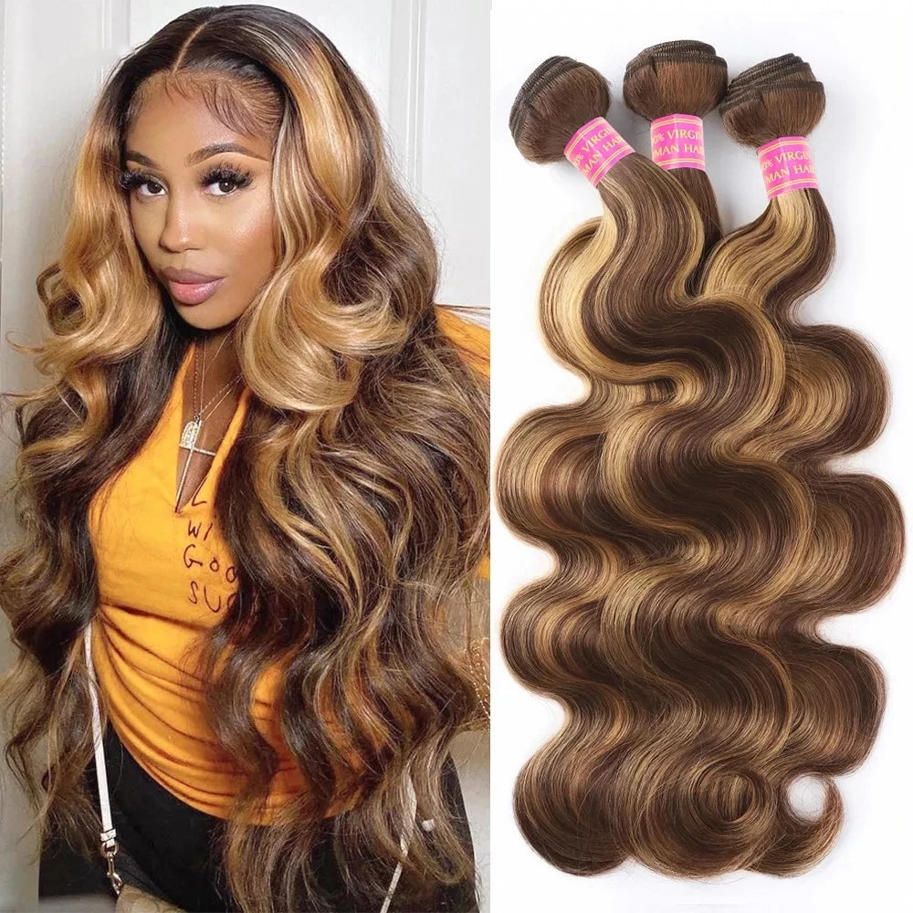 Dachic Hair Highlight Body Wave Bundles Remy Brazilian Human Hair Bundles P4/27 Highlight Hair Ombre Piano Color Hair Extensions