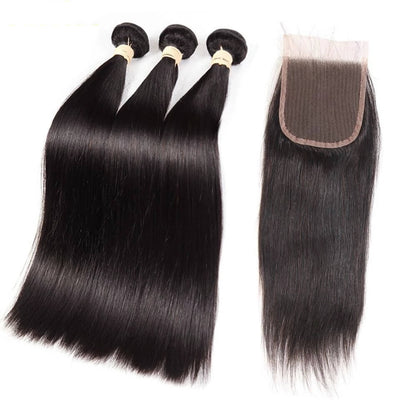 Dachic Hair 12A Straight Human Hair 3 Bundles With 4x4 Lace Closure 100% Remy Human Hair