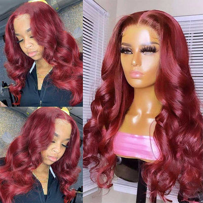 Dachic Hair 5x5 Lace Closure Human Hair Wigs Body Wave Reddish Burgundy Colored Closure Wigs 180%