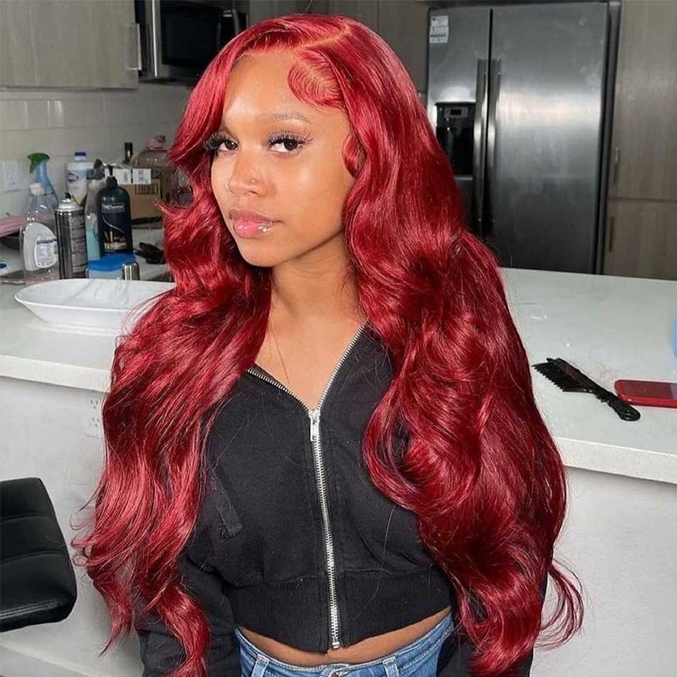 Dachic Hair 13x4 Lace Front Human Hair Wigs Body Wave Reddish Burgundy Colored Frontal Wigs 180%