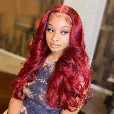 Dachic Hair 13x4 Lace Front Human Hair Wigs Body Wave Reddish Burgundy Colored Frontal Wigs 180%