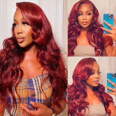 Dachic Hair Reddish Burgundy Colored Straight 13x6 Lace Frontal Human Hair Body Wave Wigs 180% 200% density