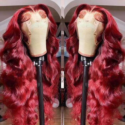 Dachic Hair Reddish Burgundy Colored Straight 13x6 Lace Frontal Human Hair Body Wave Wigs 180% 200% density